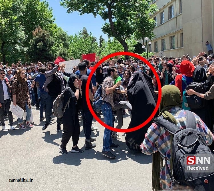 لگد زدن یک دانشجوی معترض به قانون در دانشگاه تهران به یک خانم